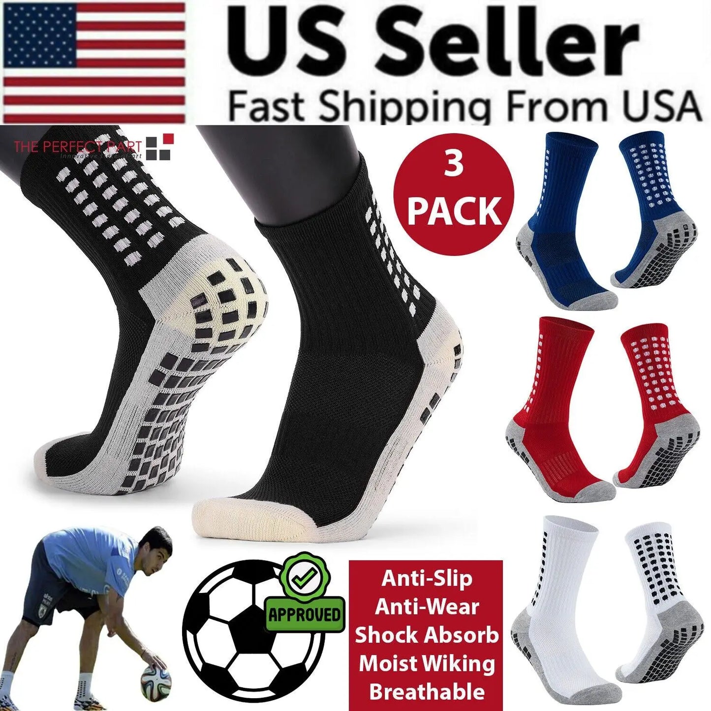 Premium 3-Pair Mens Grip Socks with Anti-Slip